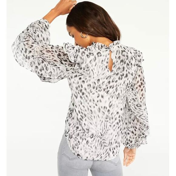 Ann Taylor snow leopard ruffled sleeve mock neck top white black casual size XL - Picture 3 of 16
